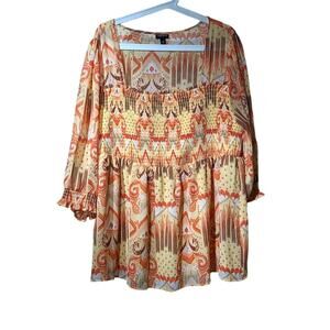 Torrid Babydoll Chiffon Smocked Bodice Yellow Orange Top Womens Sz 3